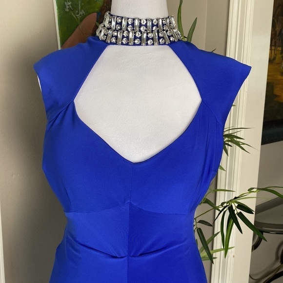 MARINA Blue Stretch Rhinestone Collar Jewel Neck Sheath Cocktail Dress size 6 - Picture 2 of 9